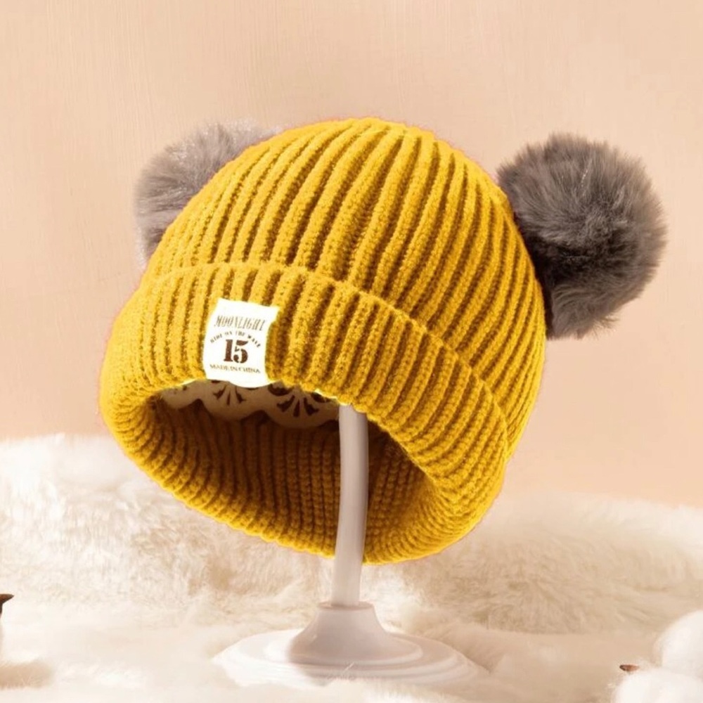 Yellow Toddler Double Pom Pom Beanie - Picture 2 of 4